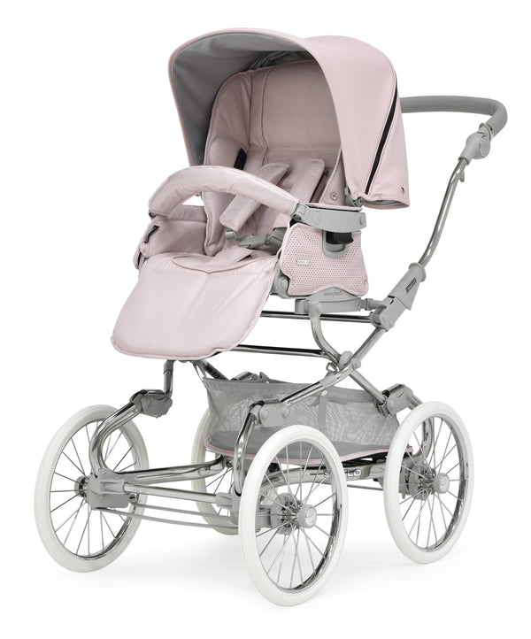 Bebecar Stylo Class Roselle pram with pastel pink and gray fabric, chrome frame, white-walled wheels, and mesh basket