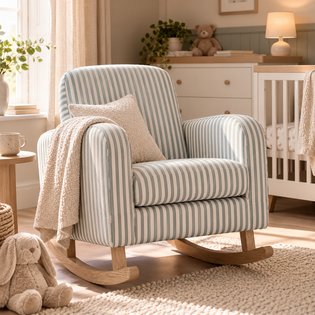 CuddleCo Etta Nursing Chair Sea Salt Stripe blue striped nursery rocking chair with whitewashed wooden base