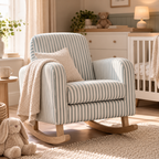 CuddleCo Etta Nursing Chair Sea Salt Stripe blue striped nursery rocking chair with whitewashed wooden base