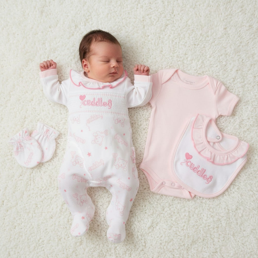 Smocked "Cuddles" 4 Piece Set – Premature Baby Girls Gift Set