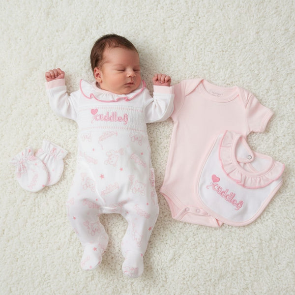 Smocked "Cuddles" 4 Piece Set – Premature Baby Girls Gift Set