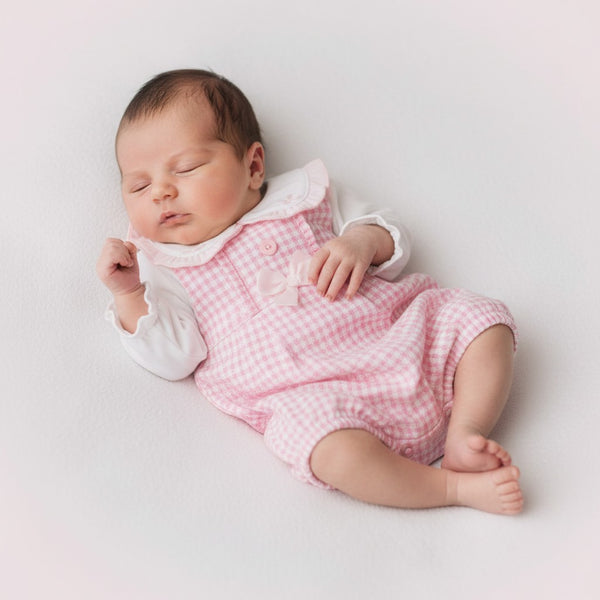 Baby Girls Pink & White Dogtooth Lace Dungaree Set