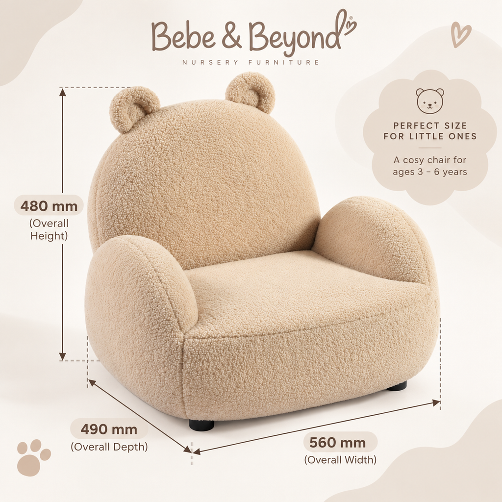 bebe & beyond Oat Ted teddy bear kids armchair in neutral children's bedroom dimensions