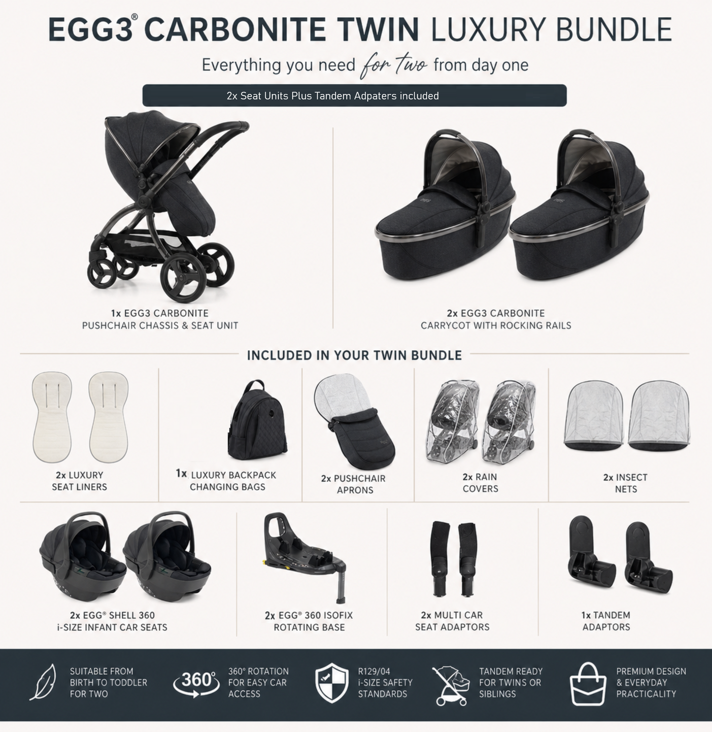 Egg3 Carbonite Luxury Twin Bundle with Shell 360 i-Size Car Seats & 360 ISOFIX Bases