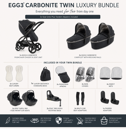 Egg3 Carbonite Luxury Twin Bundle with Shell 360 i-Size Car Seats & 360 ISOFIX Bases