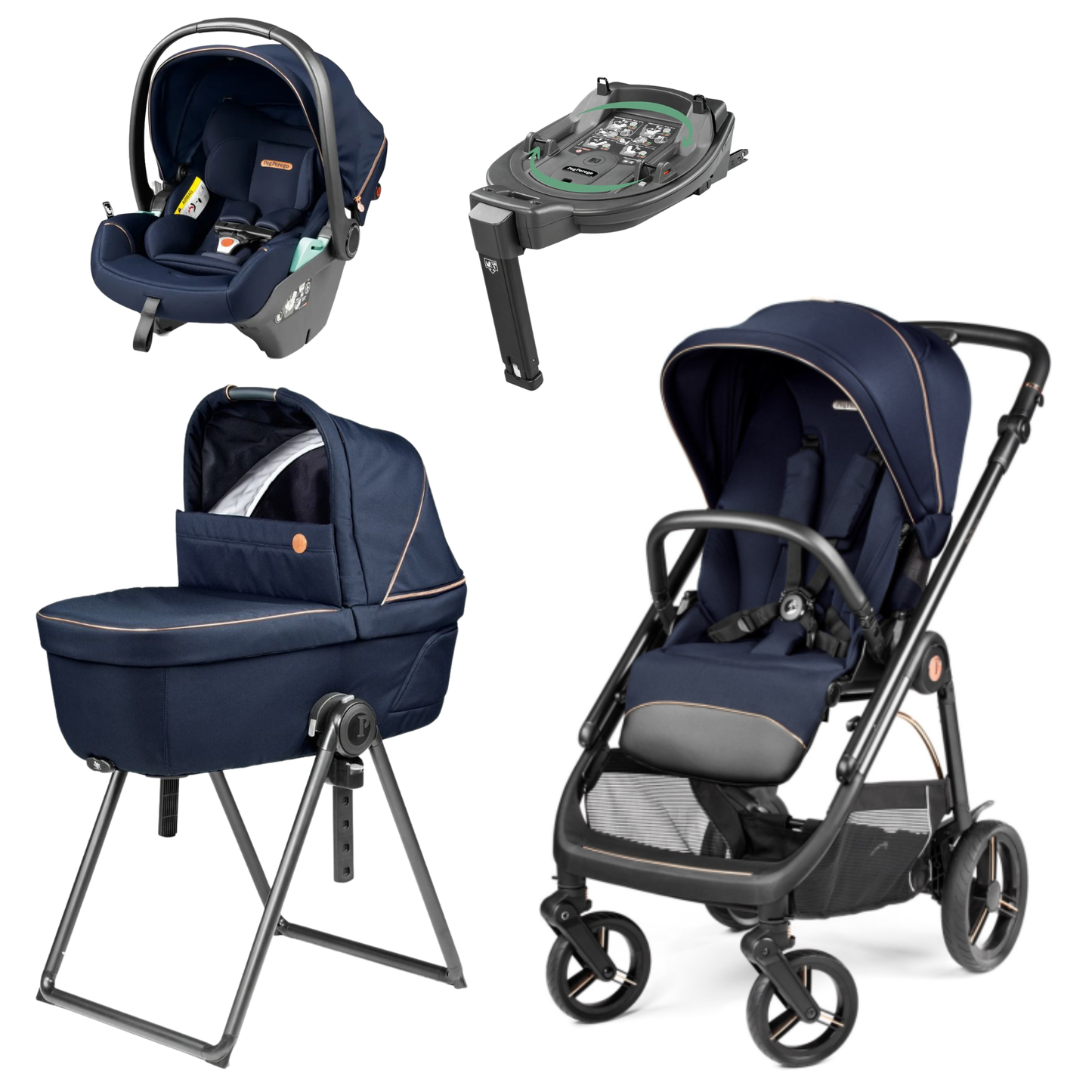 Navy blue and black peg perego veloce lite travel system stroller with sleek modern design i-size 360 bundle front view