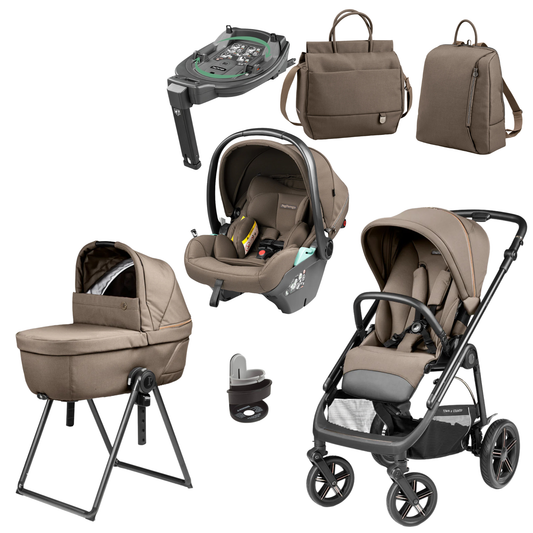 Beige and black convertible stroller with sleek modern design in peg perego veloce deluxe town country travel system pine bark