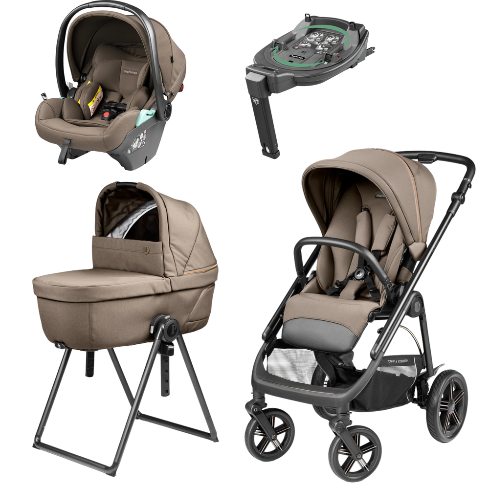 Beige and black peg perego veloce lite town country travel system stroller with sleek modern design and adjustable handlebar