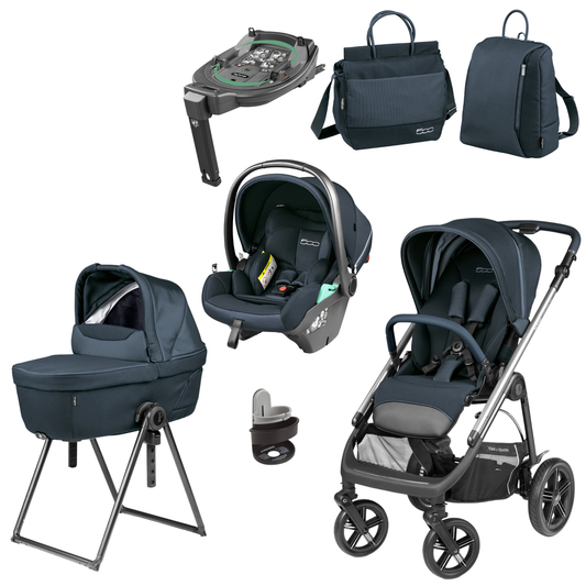 Dark blue convertible stroller with black wheels and silver frame from peg perego veloce deluxe town country travel system