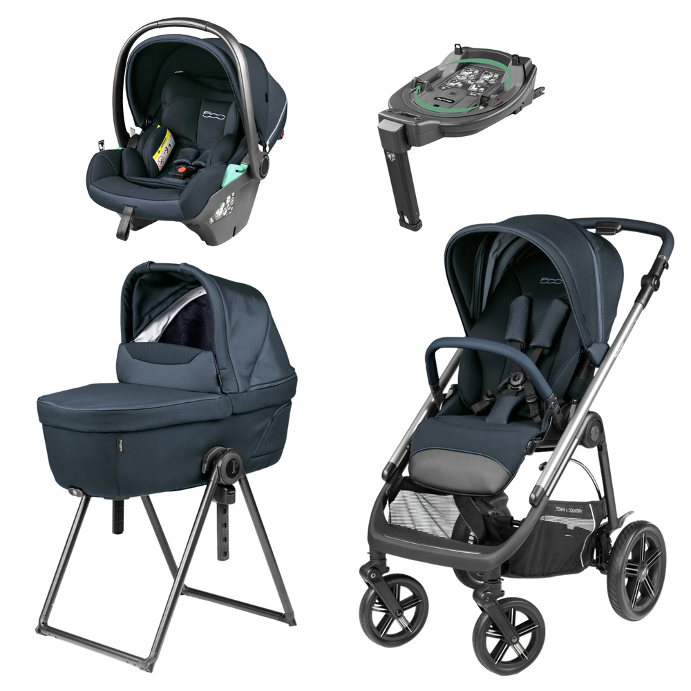 Navy blue and black Peg Perego Veloce Lite Town Country infant car seat with adjustable harness and padded headrest for Fiat 500 travel system