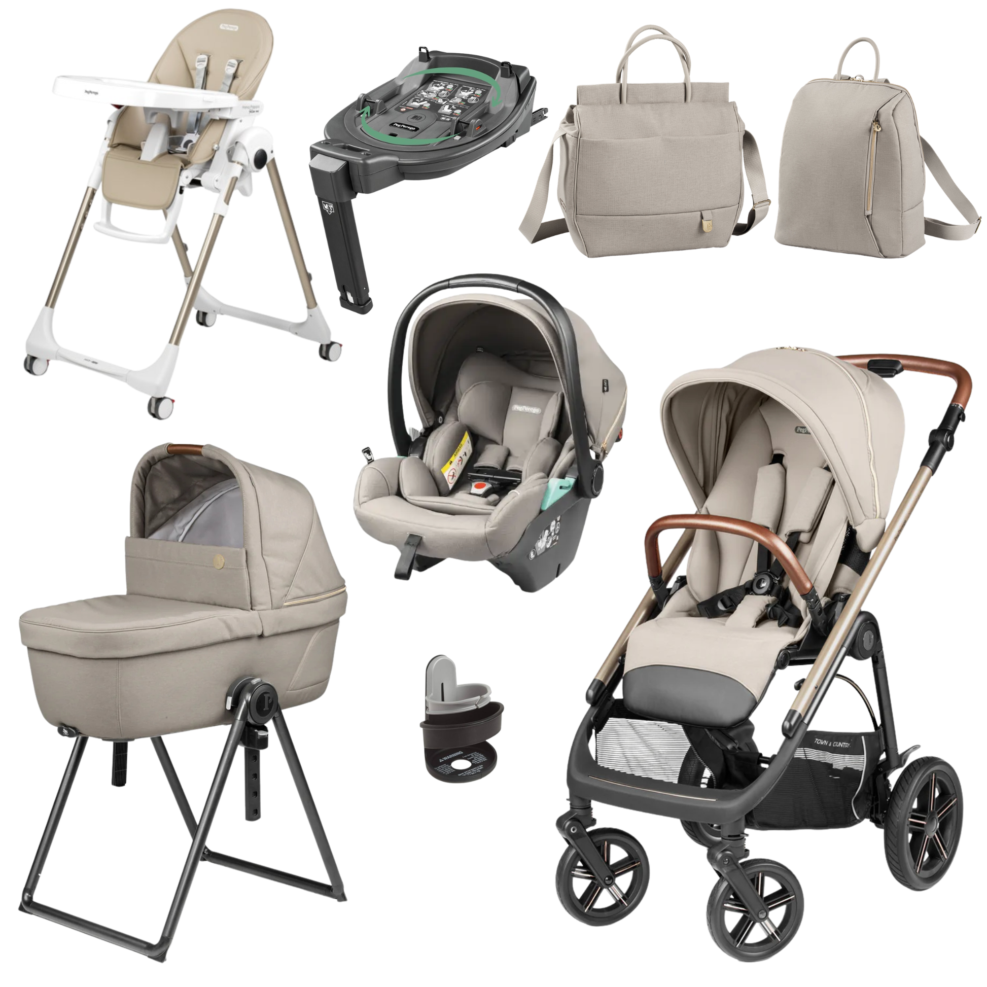 Beige and black peg perego veloce elite stroller with rose gold handlebars in town country travel system bundle astral