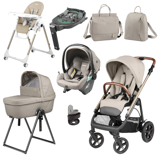 Beige and black peg perego veloce elite stroller with rose gold handlebars in town country travel system bundle astral