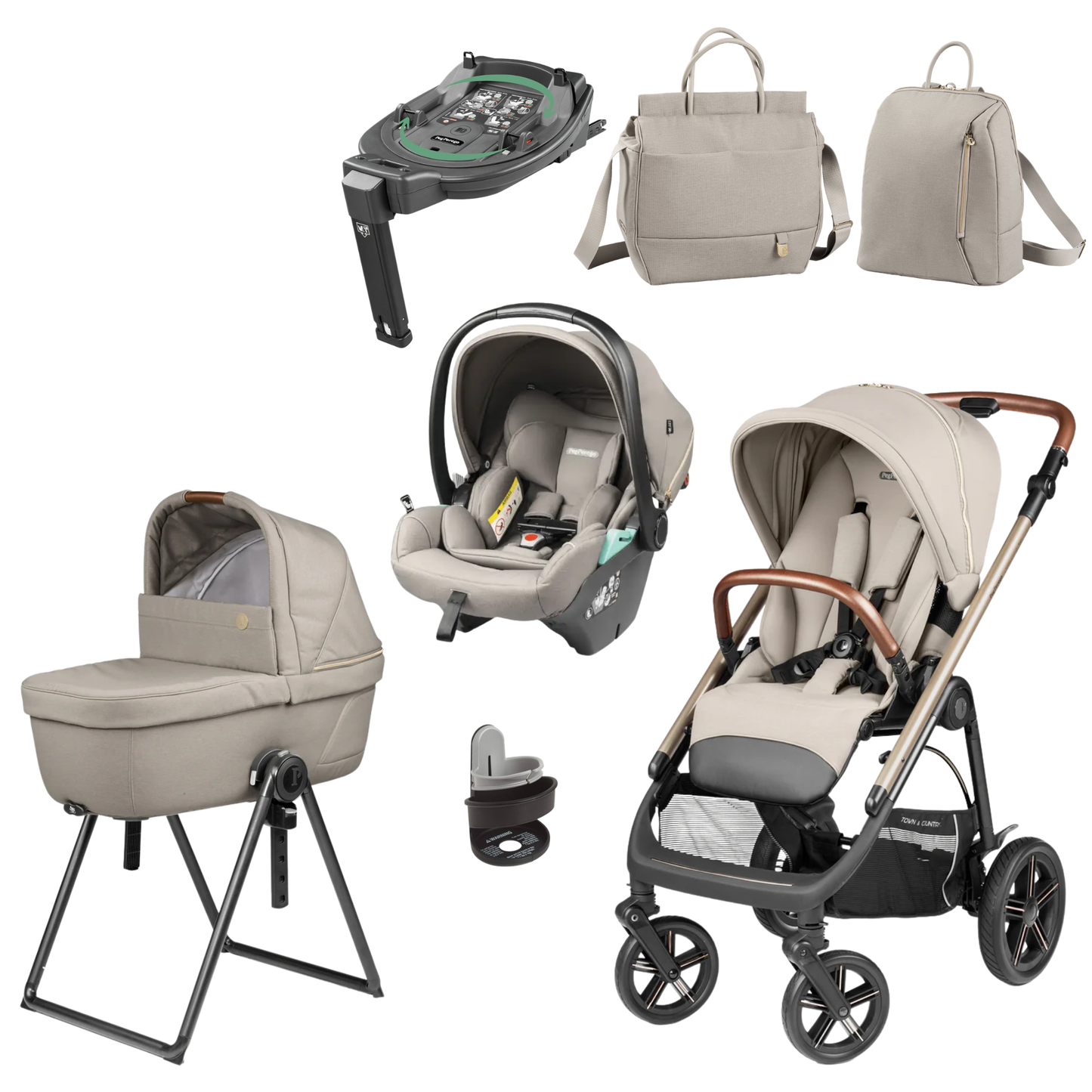 Beige and black peg perego veloce deluxe stroller with rose gold handlebars in town country travel system bundle