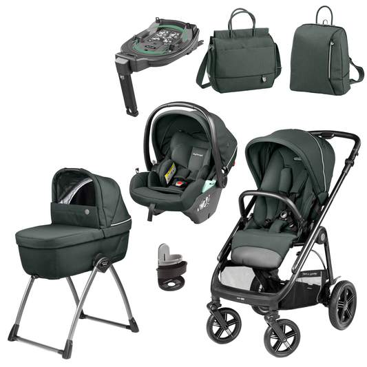 Peg perego veloce deluxe town country travel system i-size metal dark green and black fabric stroller with bassinet and car seat