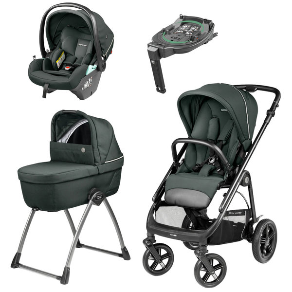 Dark green and black peg perego veloce lite town country travel system metal stroller with silver frame and wheels