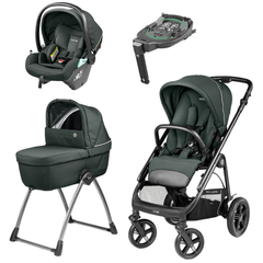Dark green and black peg perego veloce lite town country travel system metal stroller with silver frame and wheels