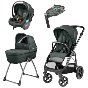 Dark green and black peg perego veloce lite town country travel system metal stroller with silver frame and wheels