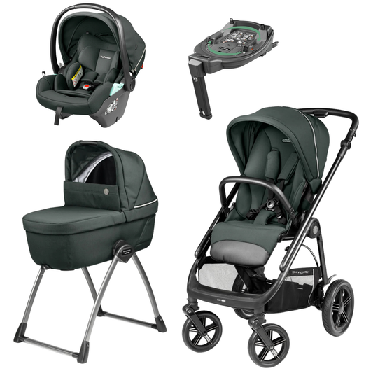 Dark green and black peg perego veloce lite town country travel system metal stroller with silver frame and wheels