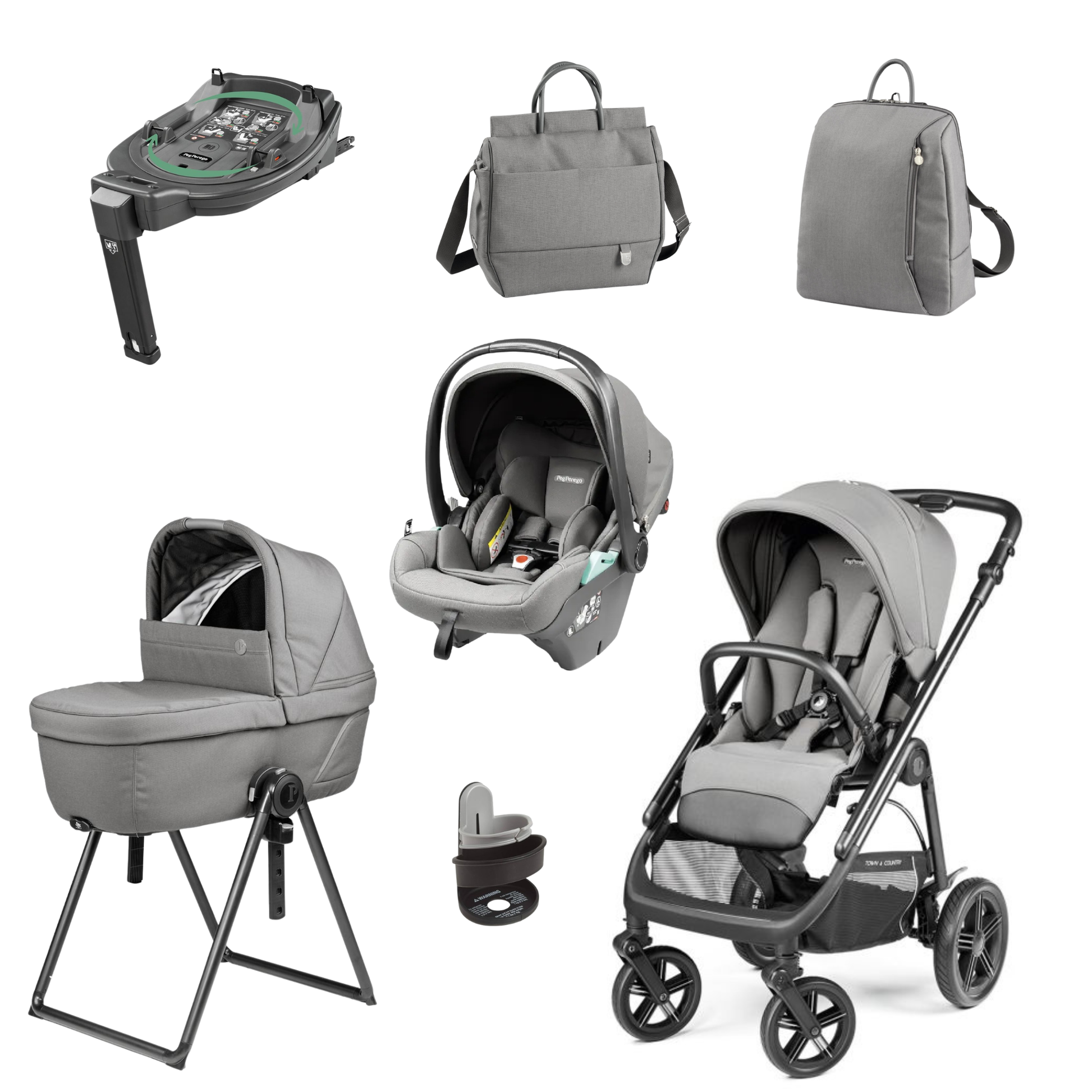 Gray peg perego veloce deluxe infant car seat with black frame and subtle green accents for travel system mercury