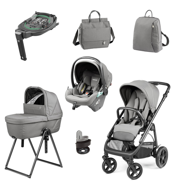 Gray peg perego veloce deluxe infant car seat with black frame and subtle green accents for travel system mercury