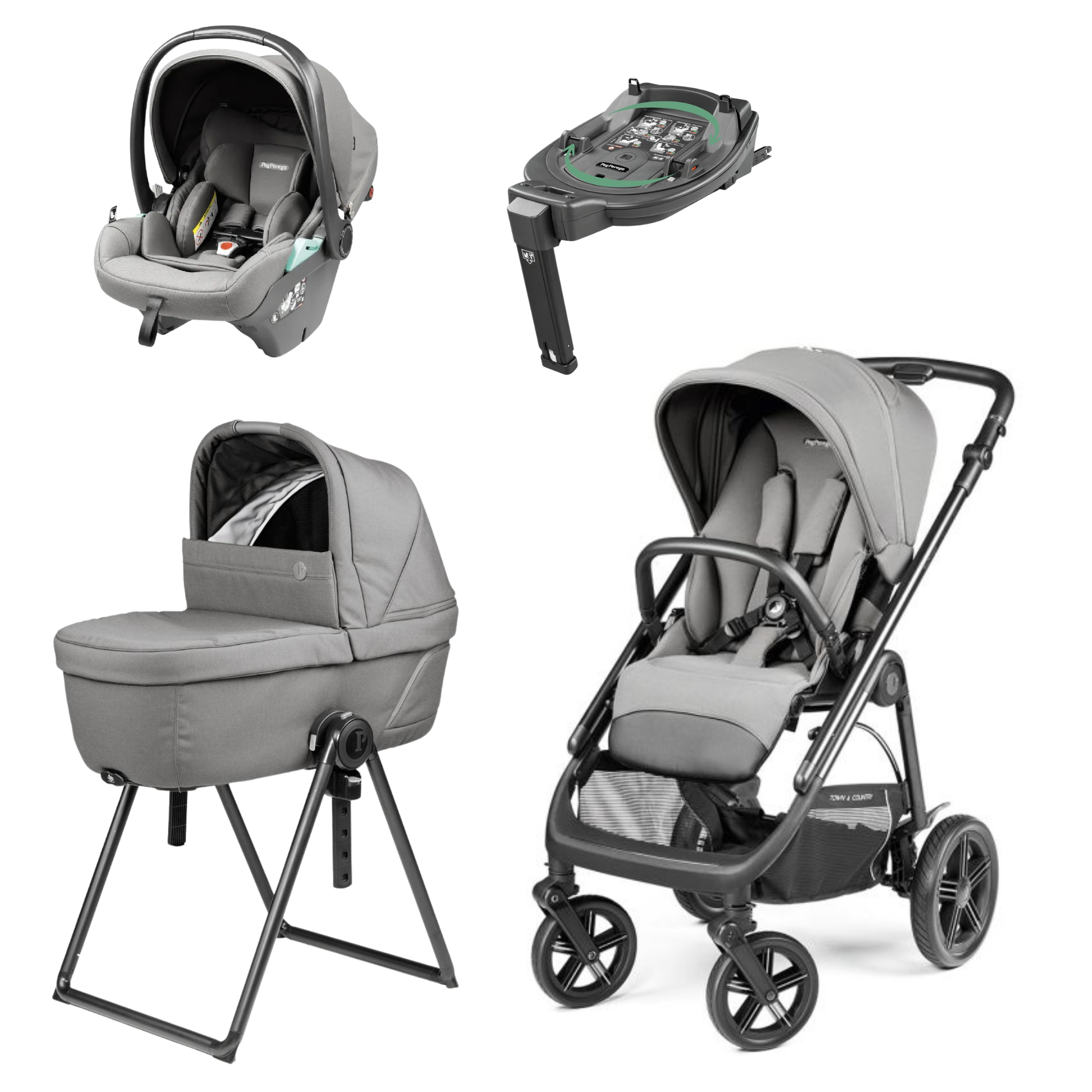 Gray infant car seat with black frame and light teal accents from peg perego veloce lite town country travel system