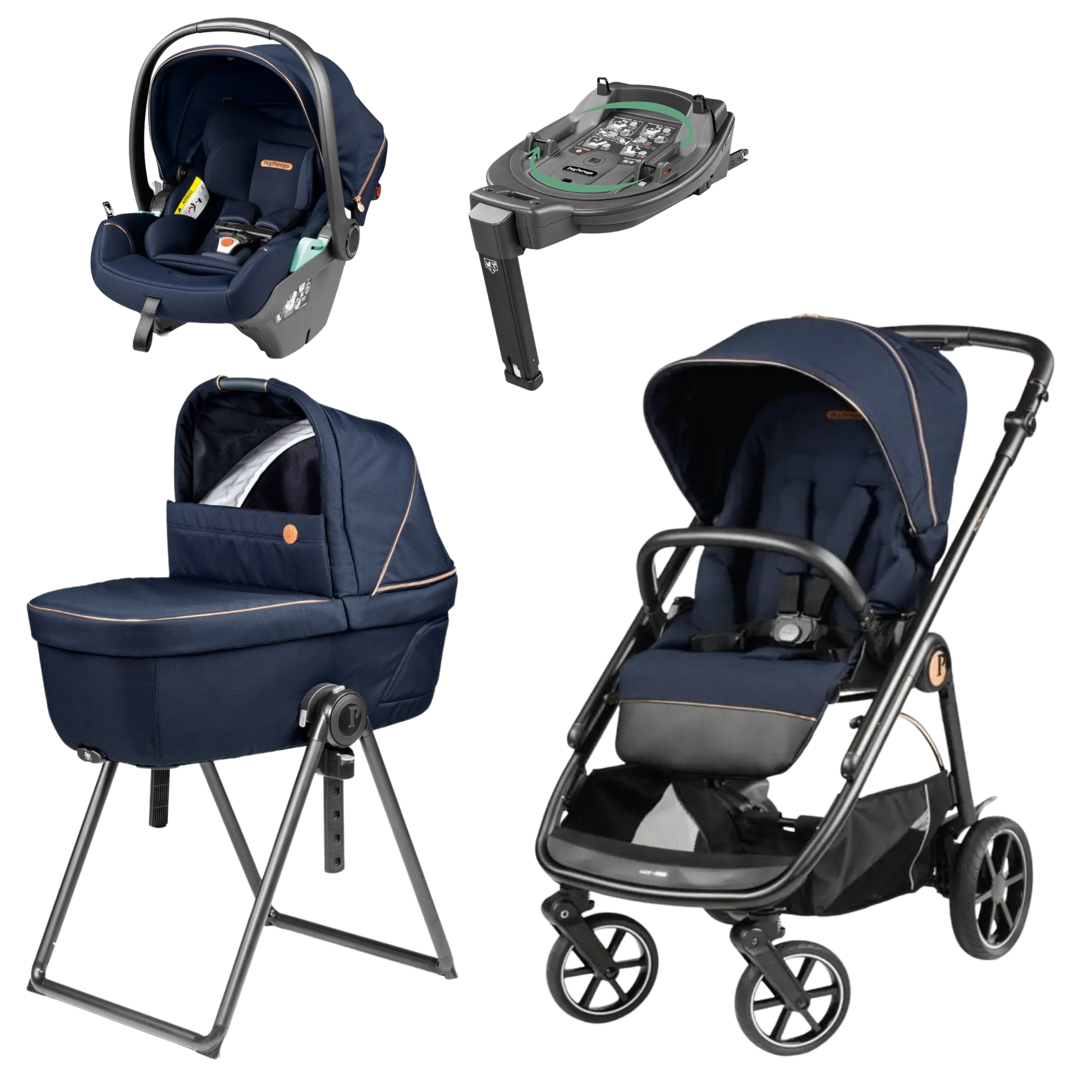 Navy blue and black Peg Perego Veloce Lite Town Country travel system stroller with sleek metal frame and four wheels