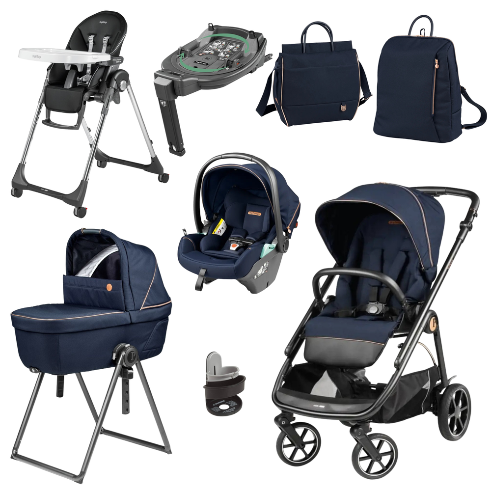 Navy blue and black peg perego veloce elite town country infant stroller with adjustable handlebars and sturdy wheels