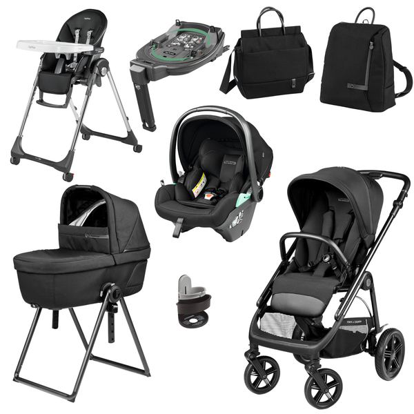 Peg perego veloce elite town country travel system i-size highchair bundle with black infant car seat and gray accents
