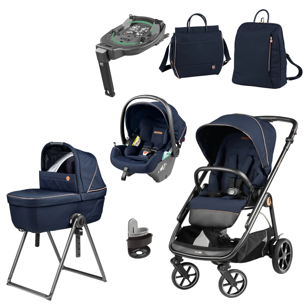Navy blue and black peg perego veloce deluxe infant car seat with adjustable harness straps and padded headrest