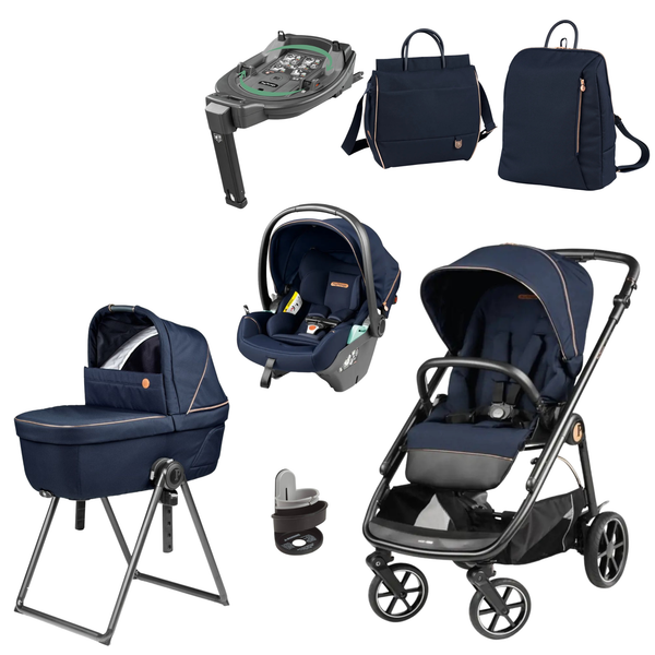 Navy blue and black peg perego veloce deluxe infant car seat with adjustable harness straps and padded headrest