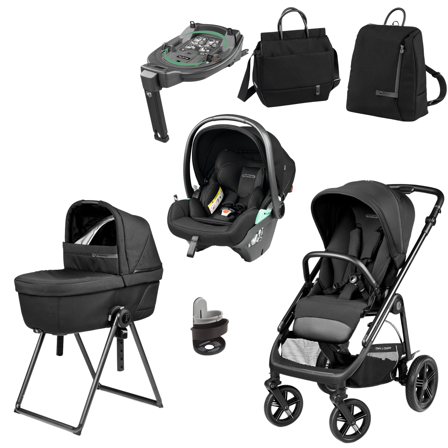 Black infant car seat with gray accents and sleek modern design in peg perego veloce deluxe town country travel system