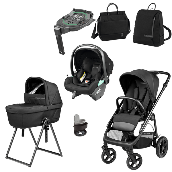 Black infant car seat with gray accents and sleek modern design in peg perego veloce deluxe town country travel system