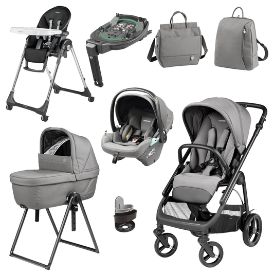 Gray and black peg perego veloce elite infant car seat with adjustable harness and padded headrest in mercury color
