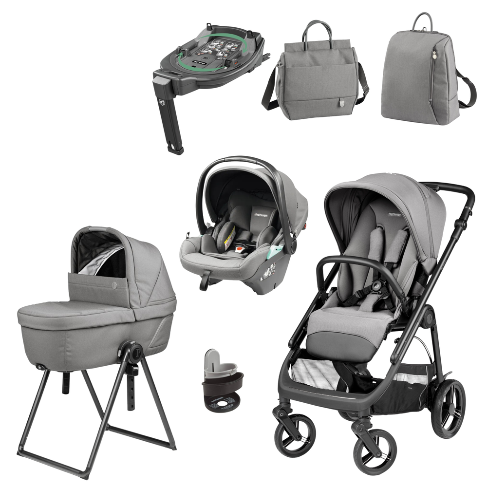 Gray fabric stroller with black metal frame and wheels from Peg Perego Veloce Deluxe Travel System 360 Twist Mercury