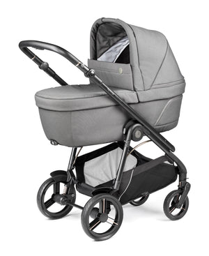 Gray fabric-lined baby carriage with black metal frame and wheels in peg perego veloce lite travel system 360 twist i-size bundle mercury