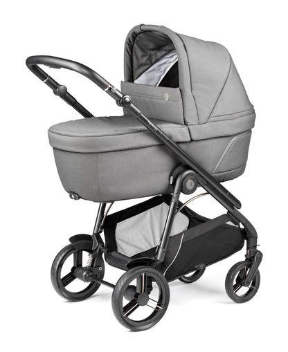 Gray fabric-lined baby carriage with black metal frame and wheels in peg perego veloce lite travel system 360 twist i-size bundle mercury