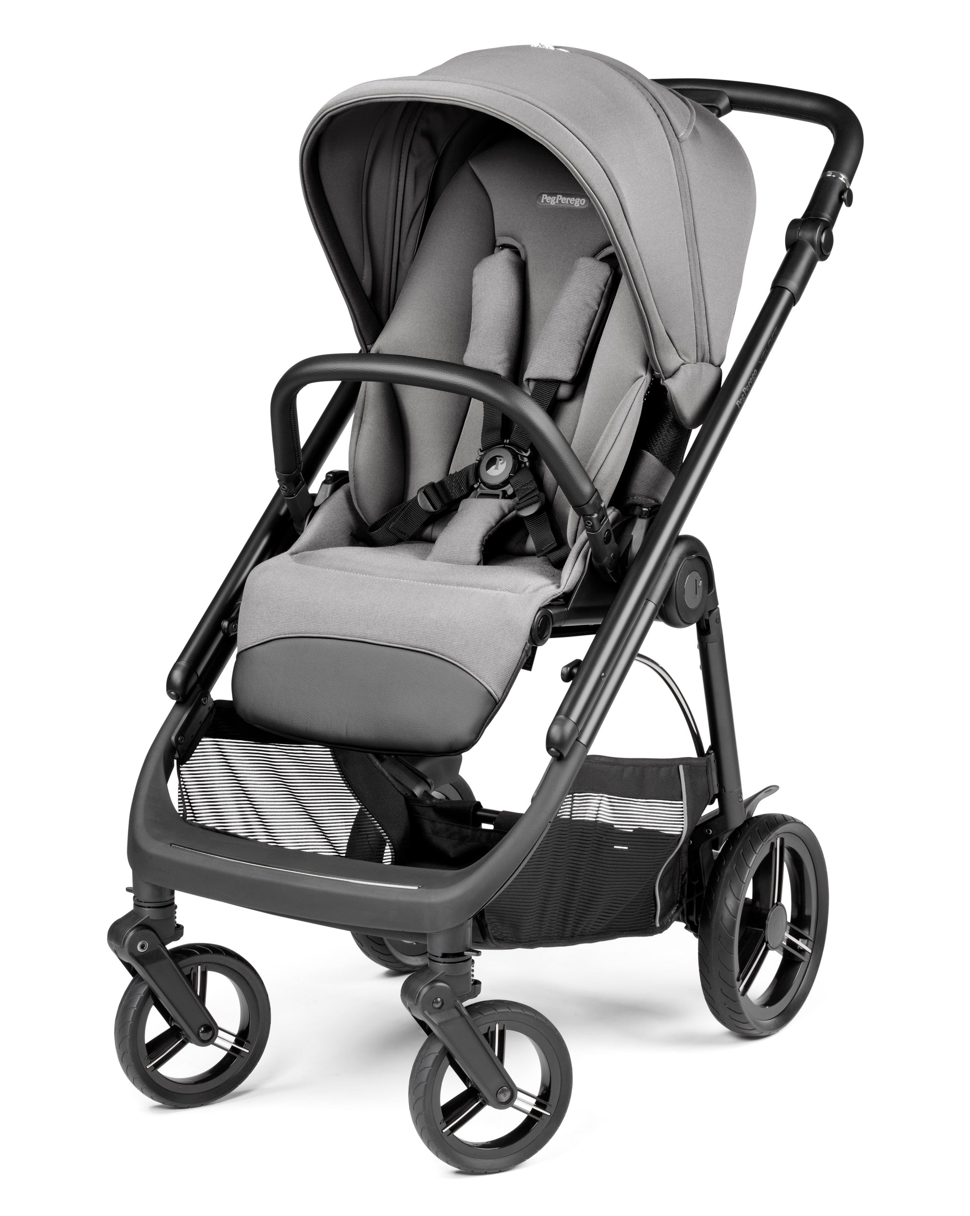 Peg perego veloce lite travel system 360 twist i-size bundle mercury stroller in gray and black with canopy and storage basket