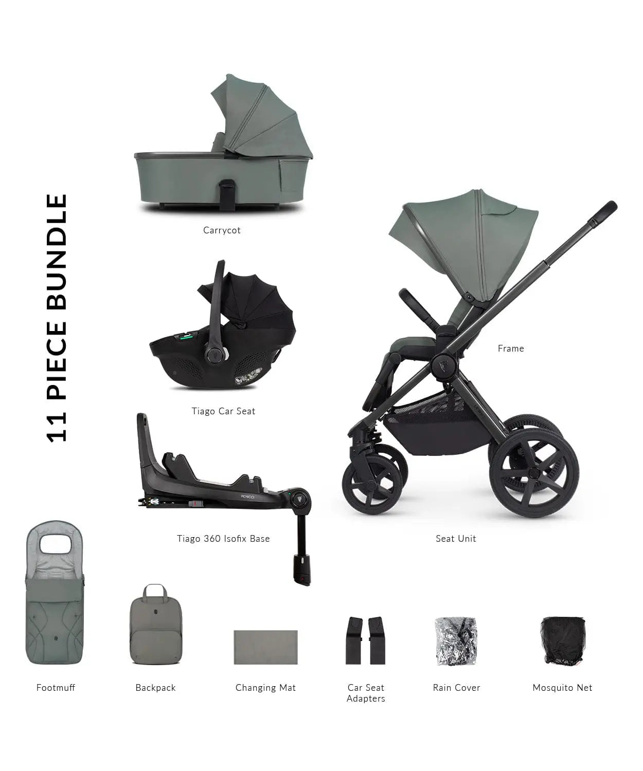 Venicci Upline 2 Aloe Pram 3 in 1 + 360 Tiago Black Isofix Bundle