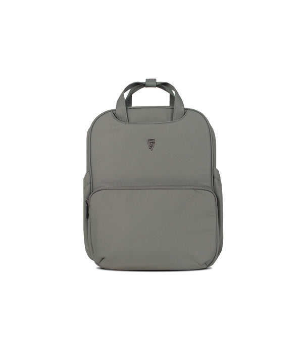 Gray nylon laptop backpack with top handle and front pocket shown with venicci upline 3 aloe 2 in 1 pushchair