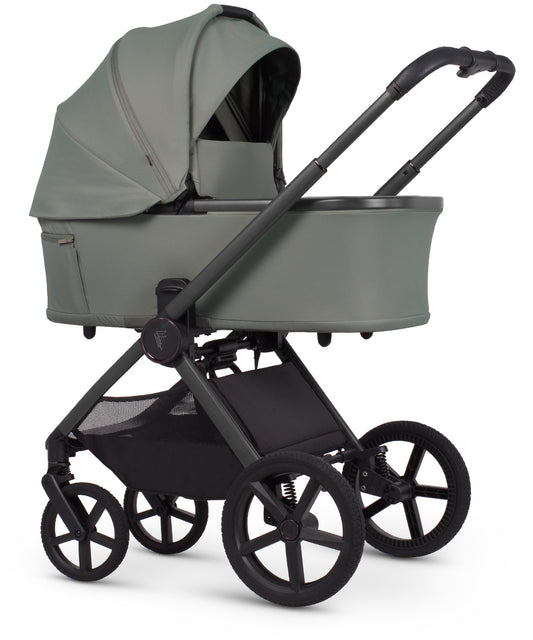 Modern olive-green Venicci Upline 3 Aloe 2 in 1 pushchair with black metal frame and wheels shown from the back side