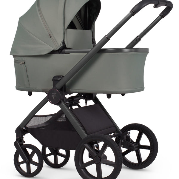 Modern olive-green Venicci Upline 3 pram with black metal frame and wheels in a 4 in 1 travel system bundle