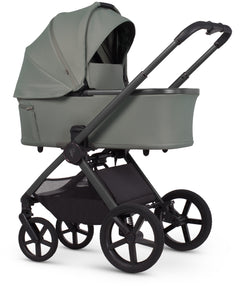 Modern olive-green Venicci Upline 3 pram with black metal frame and wheels in a 4 in 1 travel system bundle