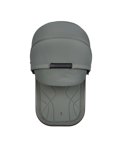 Gray fabric-covered canopy with black handle and stitched detailing on the back of venicci upline 3 aloe 2 in 1 pushchair