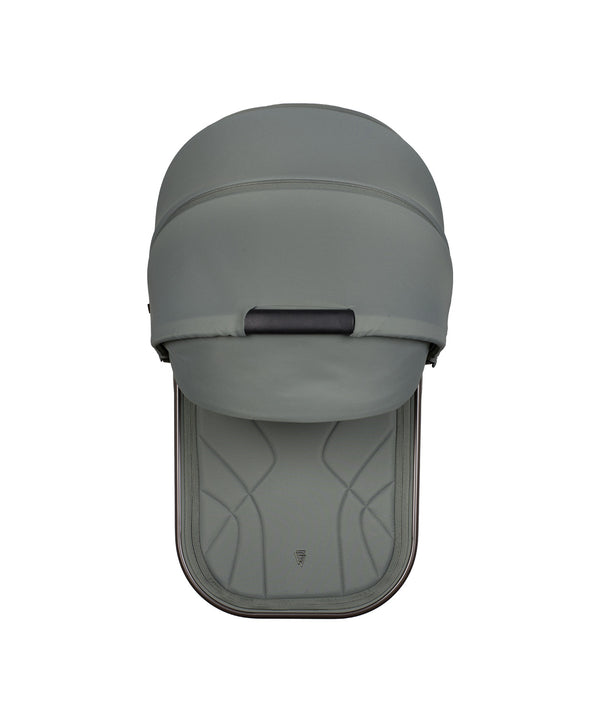 Gray fabric-covered canopy with black handle and stitched detailing on the back of venicci upline 3 aloe 2 in 1 pushchair