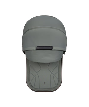 Gray fabric covered stroller canopy with black handle and stitched detailing on venicci upline 3 travel system in aloe