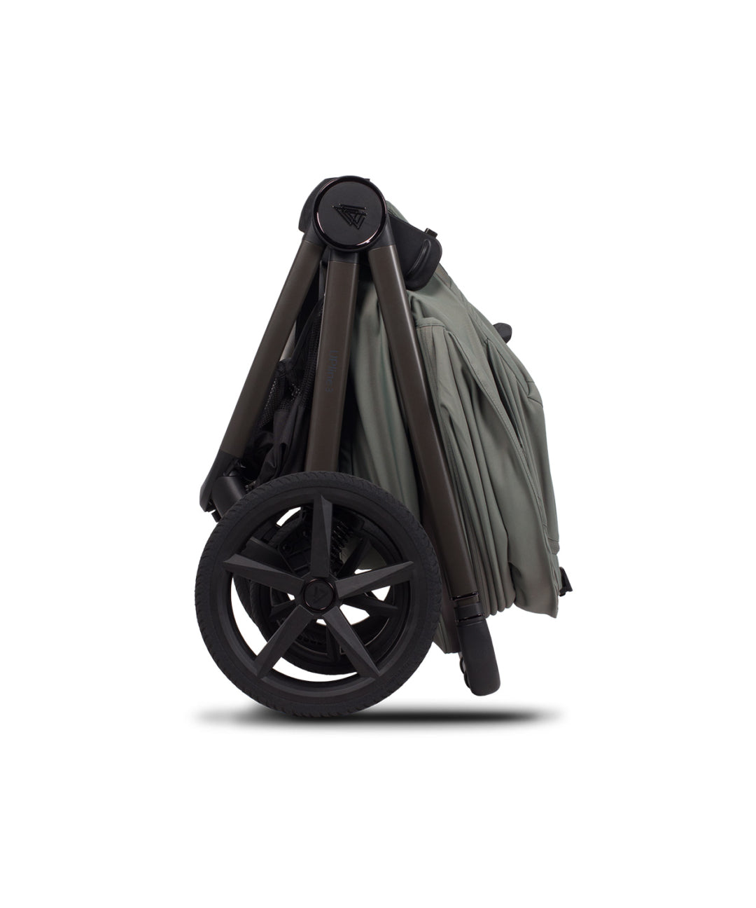 Venicci Upline 3 travel system foldable stroller with matte olive green fabric canopy and black metal frame front view