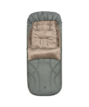 Venicci Upline 3 travel system in aloe with cozy olive green baby sleep sack featuring plush beige interior and quilted design