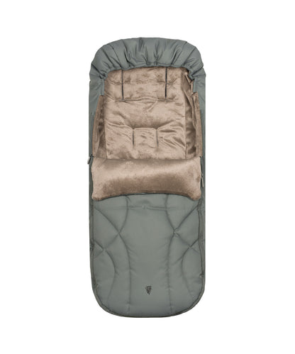 Venicci Upline 3 travel system in aloe with cozy olive green baby sleep sack featuring plush beige interior and quilted design