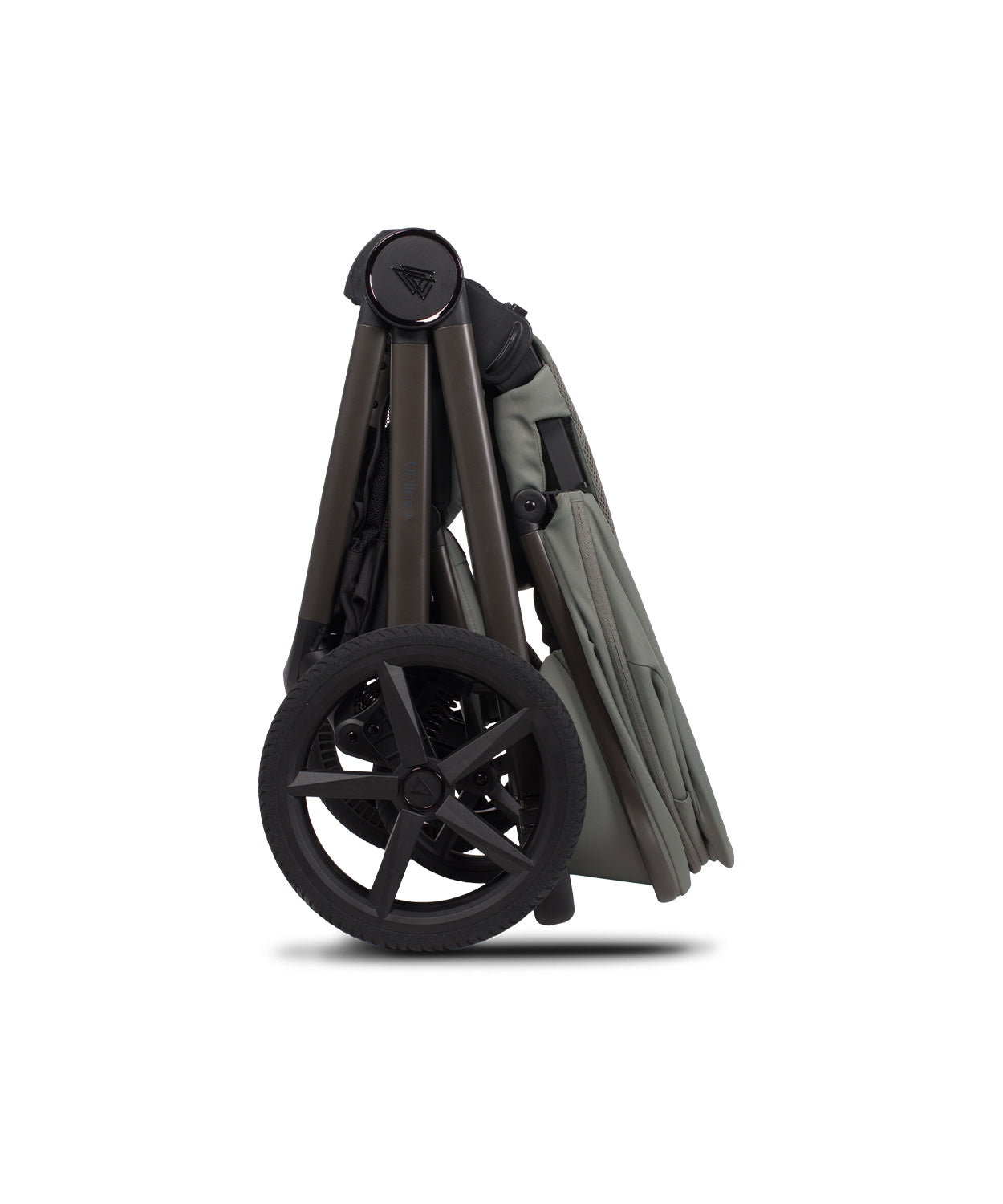 Venicci Upline 3 travel system stroller with matte charcoal frame and olive green fabric canopy in aloe color