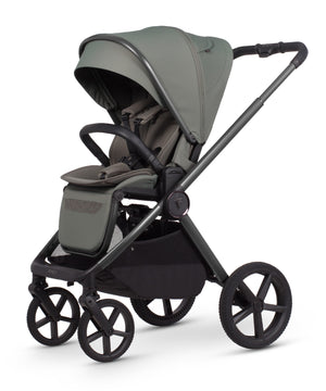Modern charcoal-gray Venicci Upline 3 Aloe 2 in 1 pushchair with sleek black frame, wheels, canopy, and storage basket